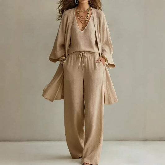 Womens Solid Color V-Neck Cardigan Vest With Pockets And Long Pants Three-Piece Set