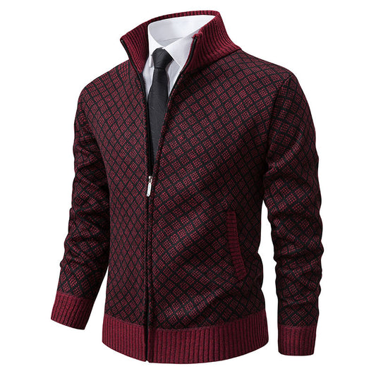 Thickened Plaid Print Jacket Cardigan Fashion Slim Fit Zipper Stand Collar Sweater Winter Men's Casual Long Sleeve Knitted Top Clothing