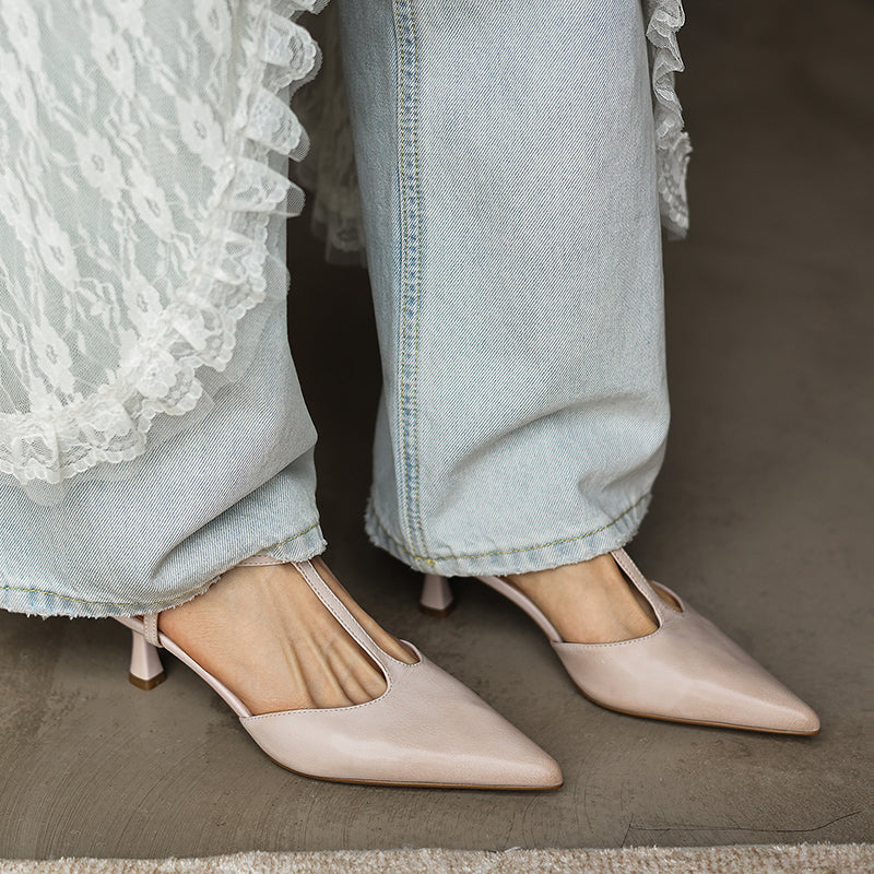 Women's Handmade Washed Full-Grain Lambskin T-Strap Slingback Heels, Vintage Pointed Toe Kitten Heel Sandals