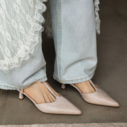 Women's Handmade Washed Full-Grain Lambskin T-Strap Slingback Heels, Vintage Pointed Toe Kitten Heel Sandals