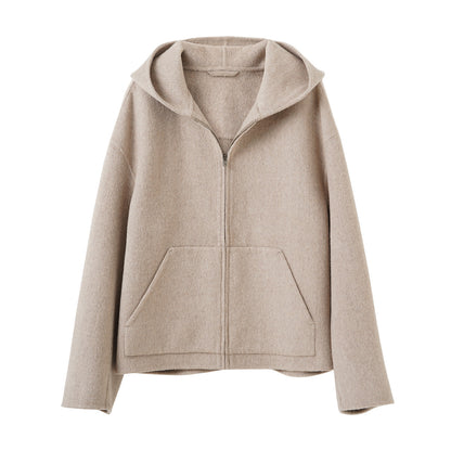 Loose-fit Casual Minimalist Wool-blend Zip-up Hooded Jacket