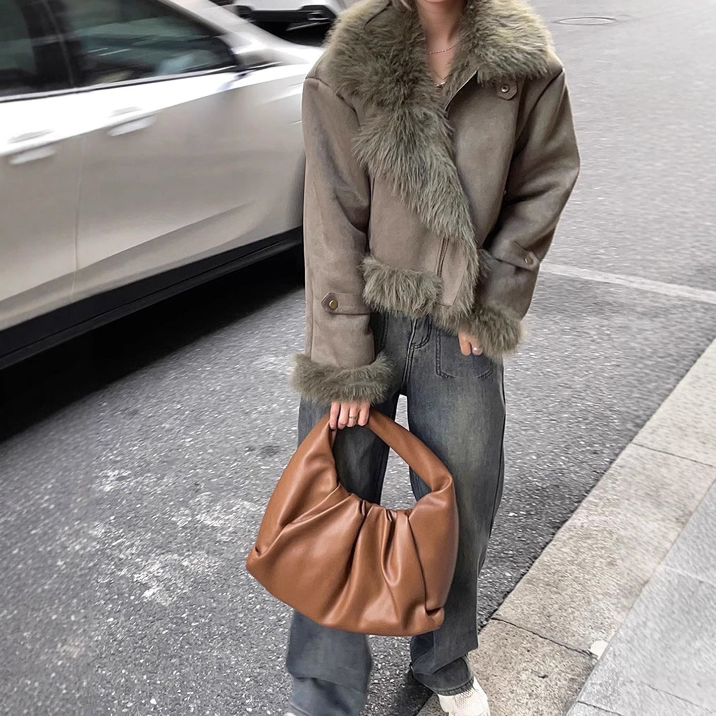 Unisex Leather and Fur Suede-Lined Short Biker Jacket