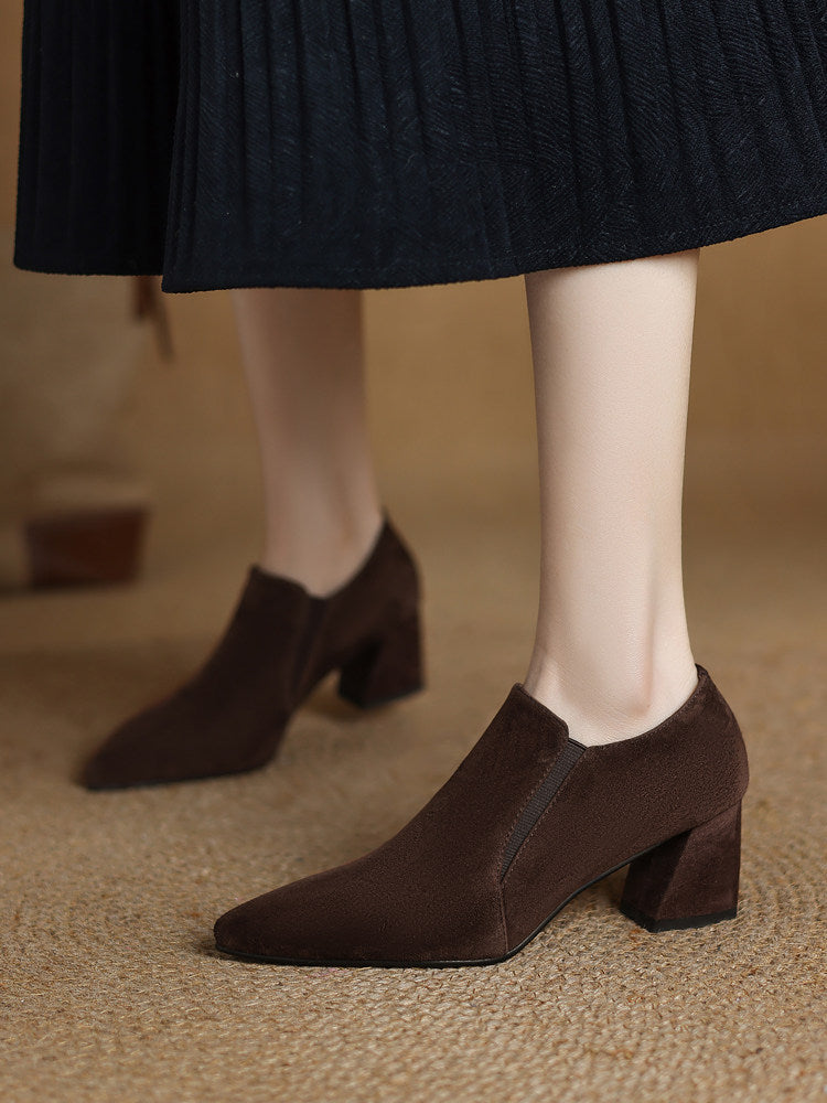 Suede-textured Deep-toe Pointed-toe Chunky-heel Shoes