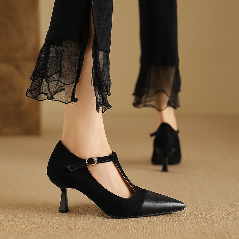 Elegant Womens T-Strap Stacked Heel Shoes